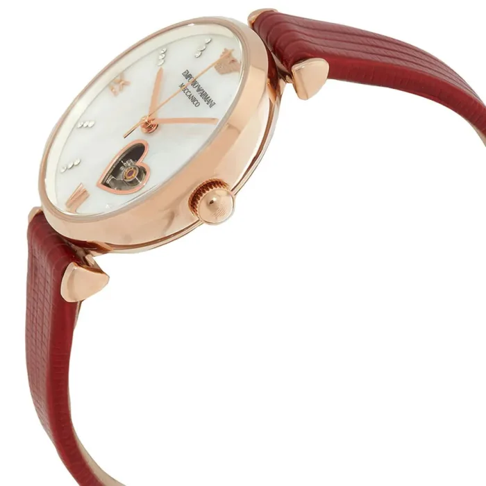 Emporio Armani Gianni T-Bar Mother of Pearl White Dial Red Leather Strap Watch For Women - AR60048 - Image 5